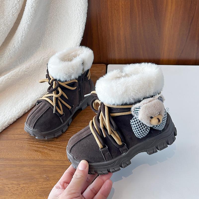 

Children s high-top sports boots, new winter model for girls, with bear plush design, for older children, with added fleece and thickened for warmth 26-30Code one hand5Double коричневий