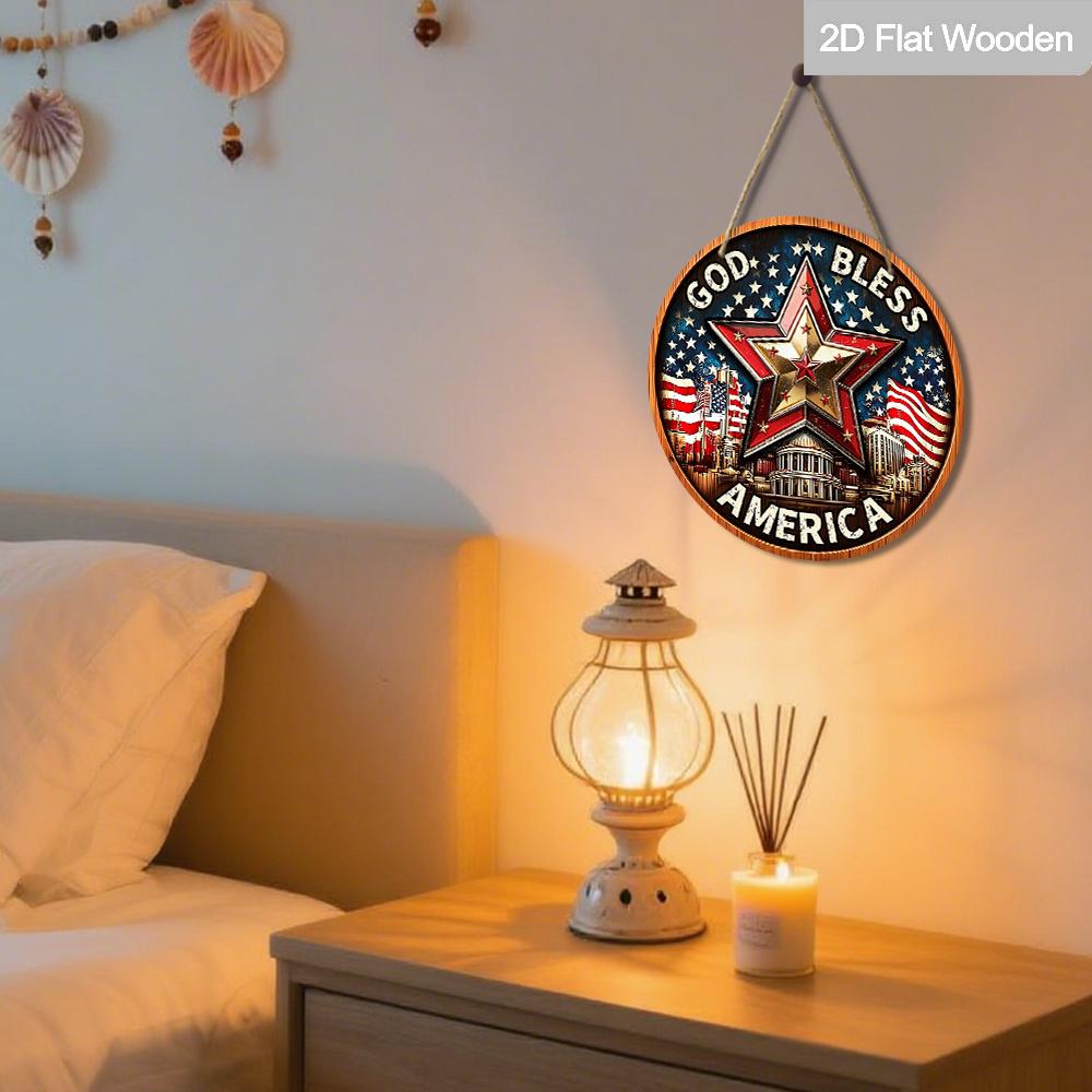 2D Flat God Bless America Patriotic Round Wooden Sign, Vintage Star & US Capitol Plaque with American Flag, 4th of July Hanging Decor for Front