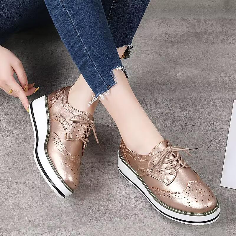 Women's Plus Size Brogue Wedge Heel Lace-Up Leather Shoes - College Style