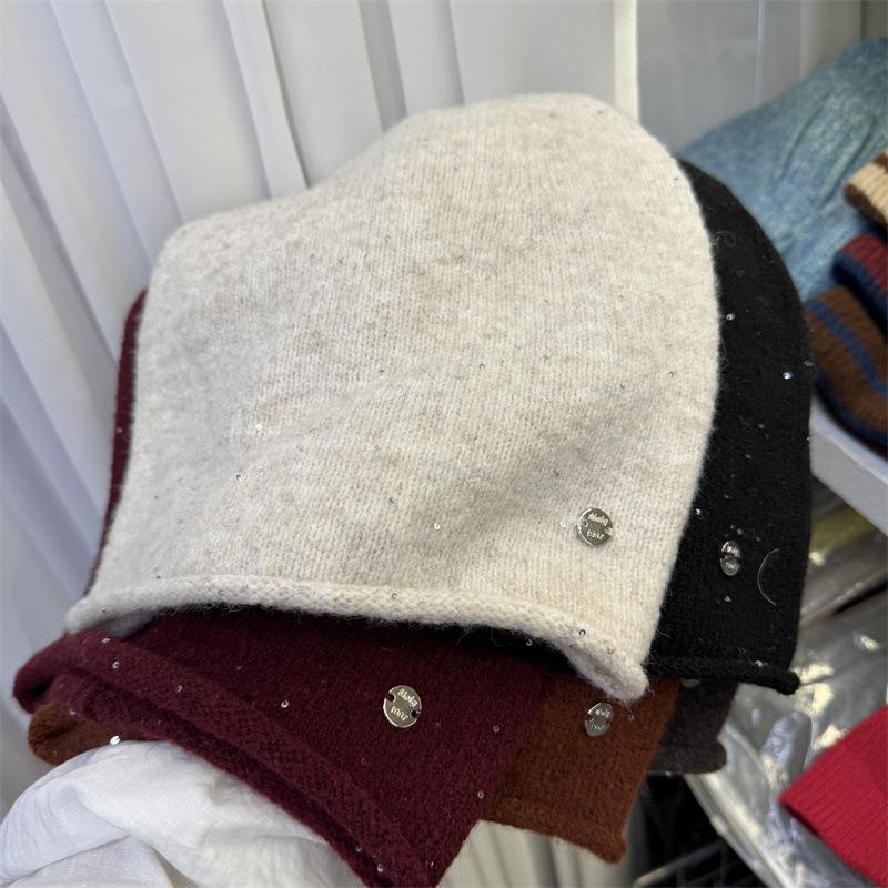 Premium sequined stacking hat women's autumn and winter warm knitted cold hat showing face small ear protection hat wool hat