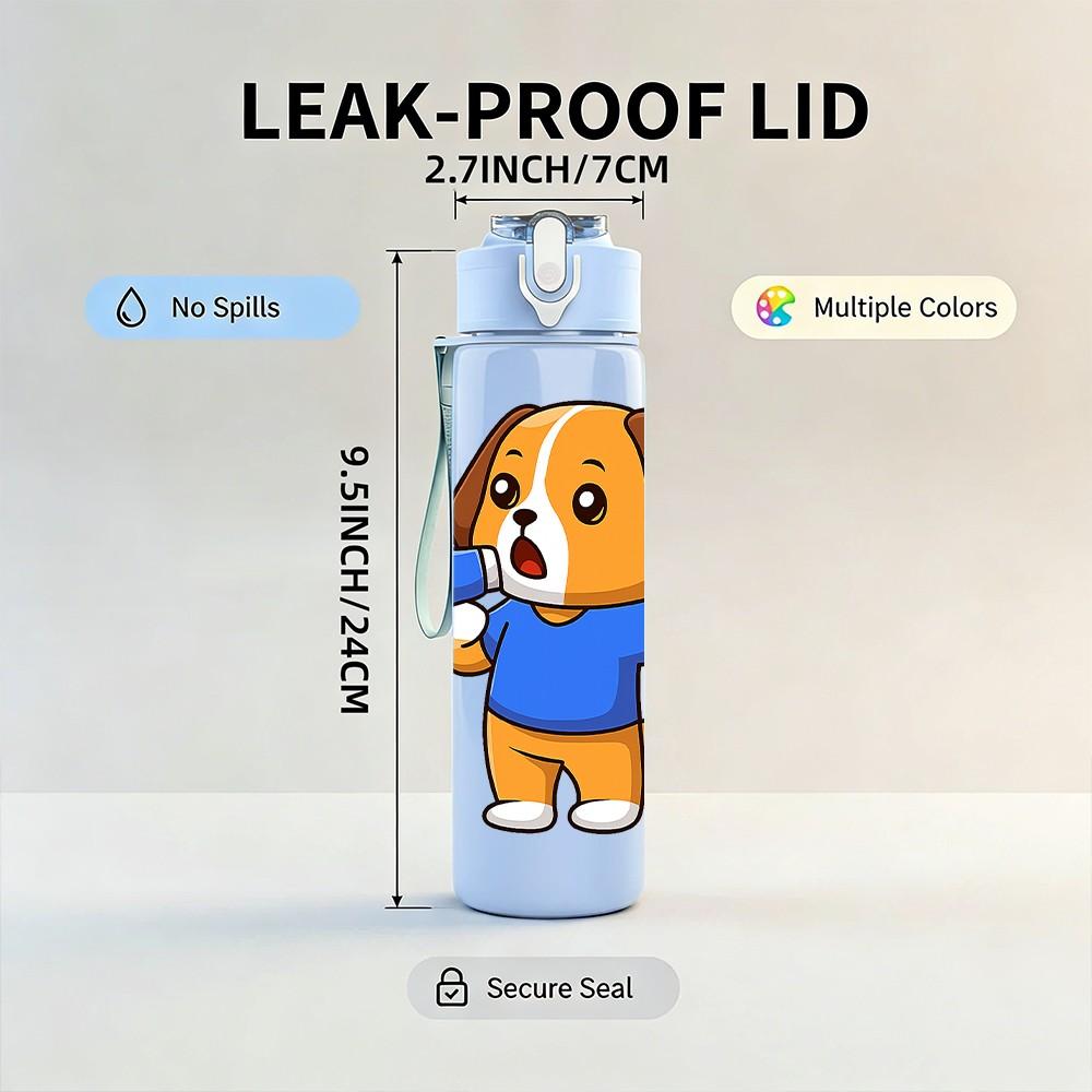 1PC Blue Puppy Dog Cartoon 750ml Color Plastic Sports Water Bottle Leakproof Flip Straw Lid Suitable for Sports Office Home Use
