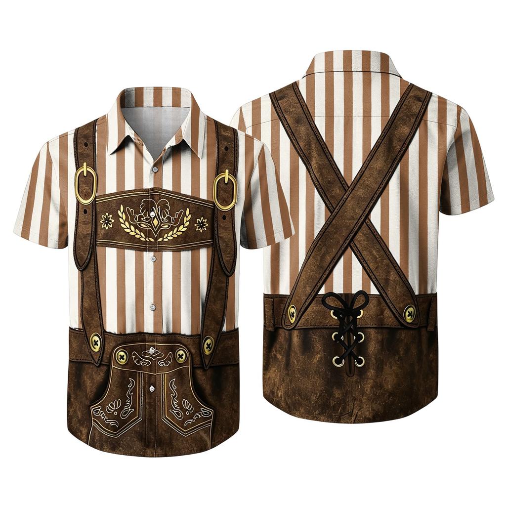 Men Short Sleeve Button Up Shirt Casual Loose Fit Festival Party Shirt with Vintage Beer Elements Print and Relaxed Open Front Design
