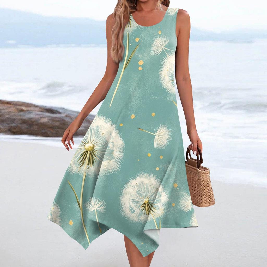 Abito lungo da donna casual, senza maniche, con scollo rotondo, stampa floreale vintage e orlo irregolare
