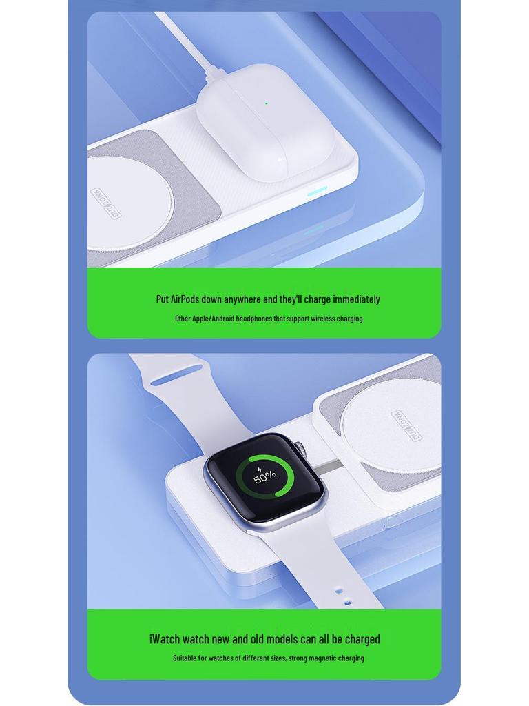 Magnetic Foldable 3-in-1 Wireless Charger for Apple, MagSafe-Compatible, 15W Fast Charging