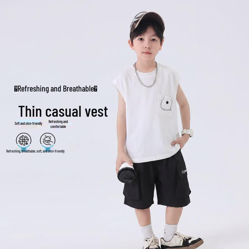 Boys Summer Cotton Sleeveless Vest T-Shirt 140 белый