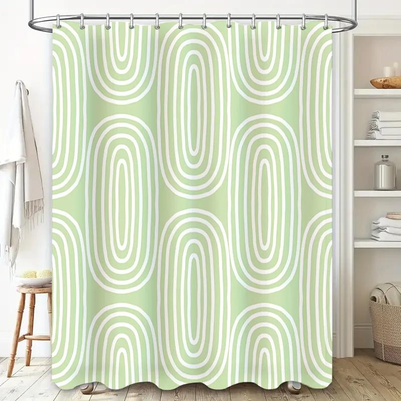 Green White Striped Shower Curtain For Bathroom Decor Waterproof Shower Caddies