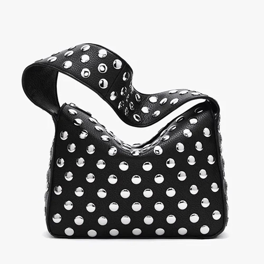 Black Metal Motorcycle Rivet Purses and Handbags European and American Style Shoulder Bag Luxury Designer Armpit Shopper Purses 28x10x20cm