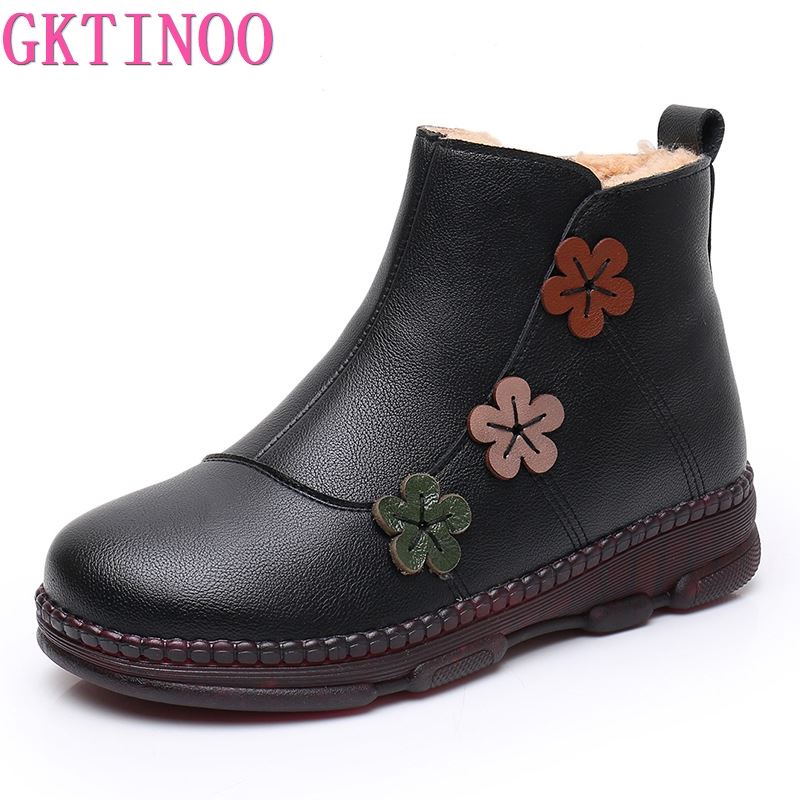 GKTINOO Snow Boots Soft Genuine Leather Women's Shoes Mother Ladies Female Winter Wool Fur Wedges Warm Boots Plus Size Non-slip