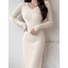 Womens V-Neck Long Sleeve Knit Midi Dress Winter Slim Fit High Waist Bodycon Sweater
