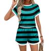 Women Casual Short Sleeve Two Piece Set with Pockets Lightweight Striped Top and Elastic Waist Shorts Summer Outfit