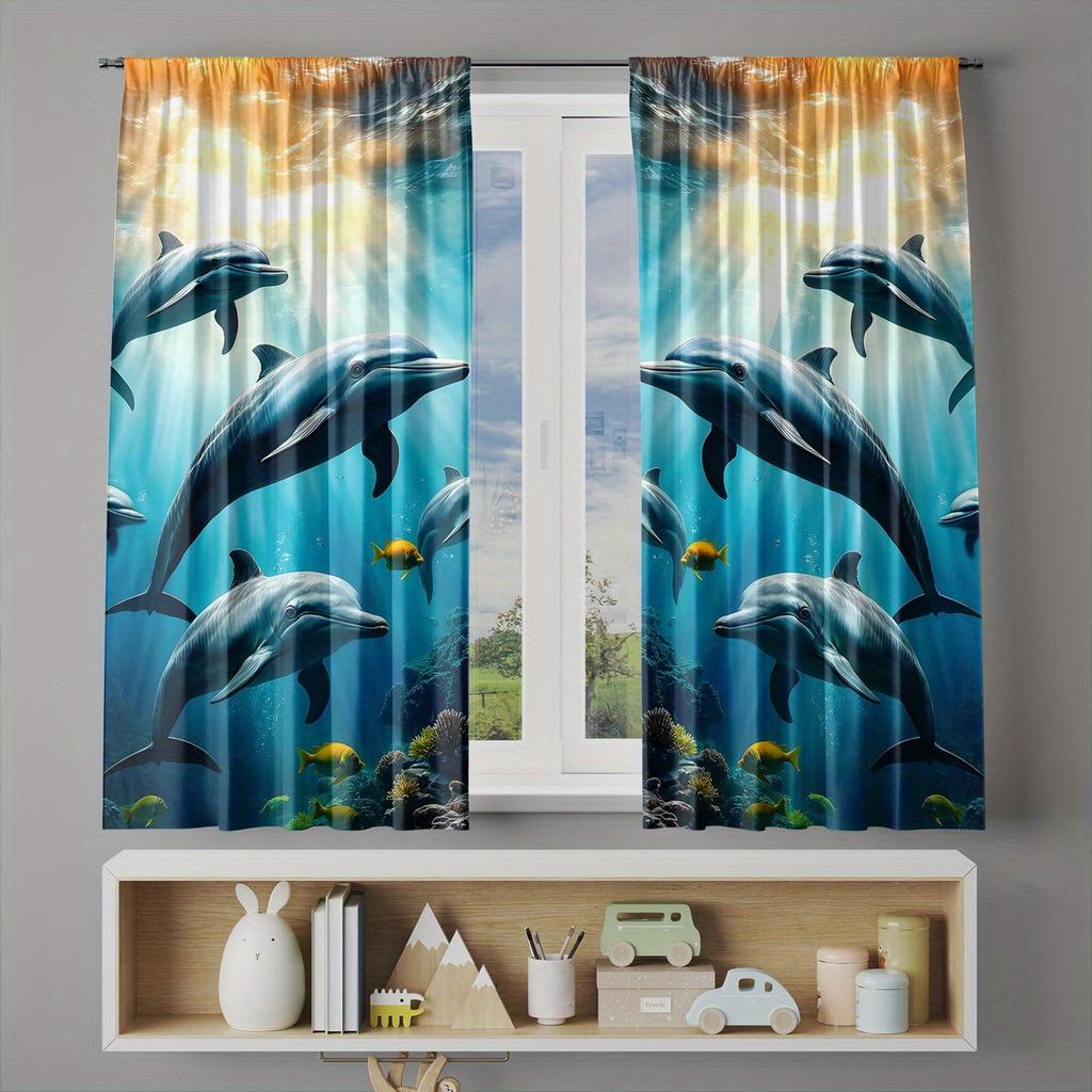 2pc Dolphin Print Curtains, Polyester Fabric, Machine Washable, Suitable for Bedroom and Living Room Decoration