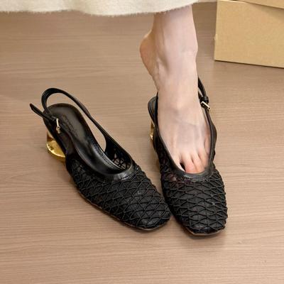 Niche Design Sense Woven Bag Head Sandals Spring New Empty Simple Mesh Thick Heel High Heels