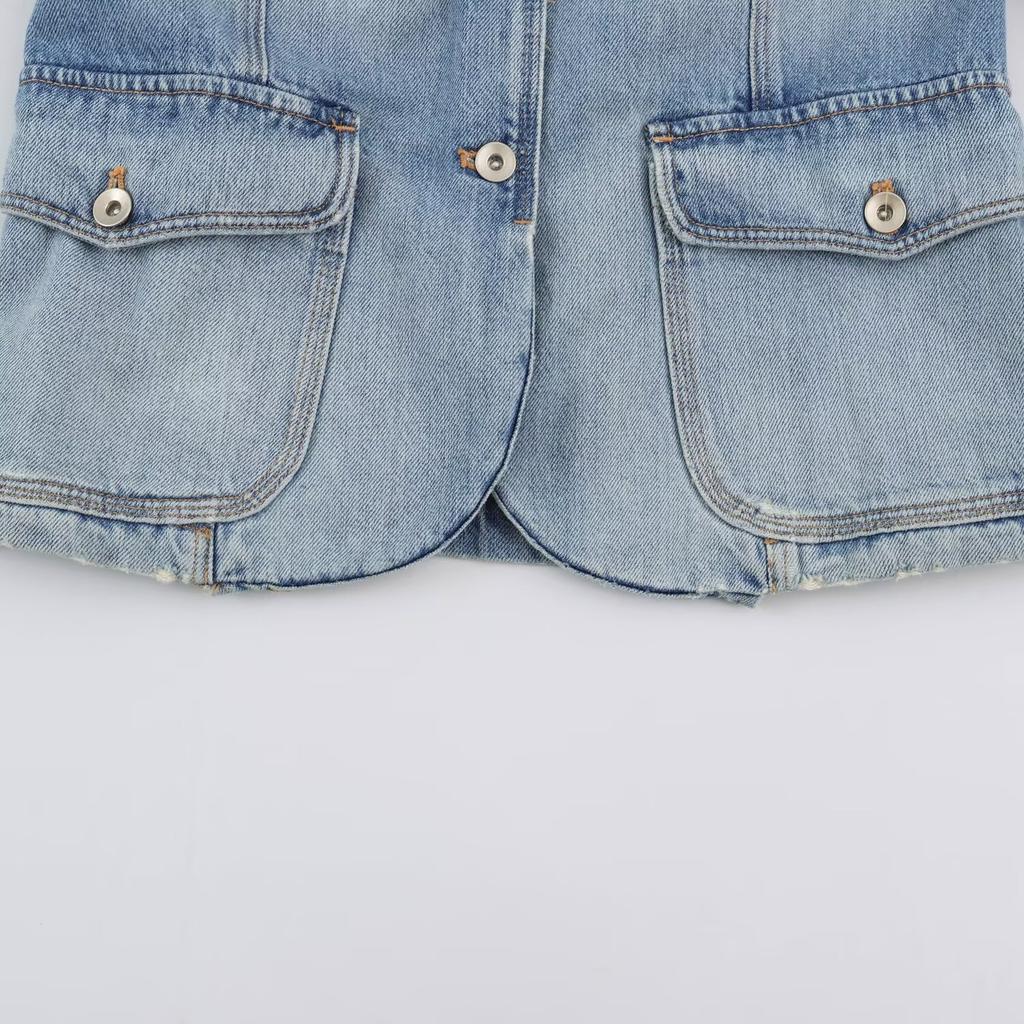 Autumn new multi-pocket zipper decorative elastic waist denim jacket 8727270