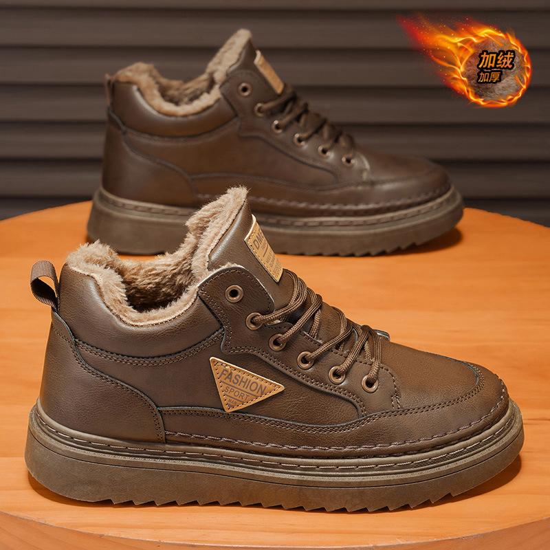 Fleece Men's Shoes, New Autumn and Winter High-top Board Shoes, Men's Leather Warmth, Thickened Cotton Shoes, Low-top Martin Boots