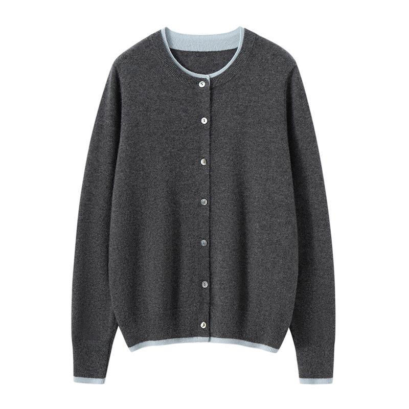 Women's 100% Pure Cashmere Color Block Round Neck Cardigan Sweater