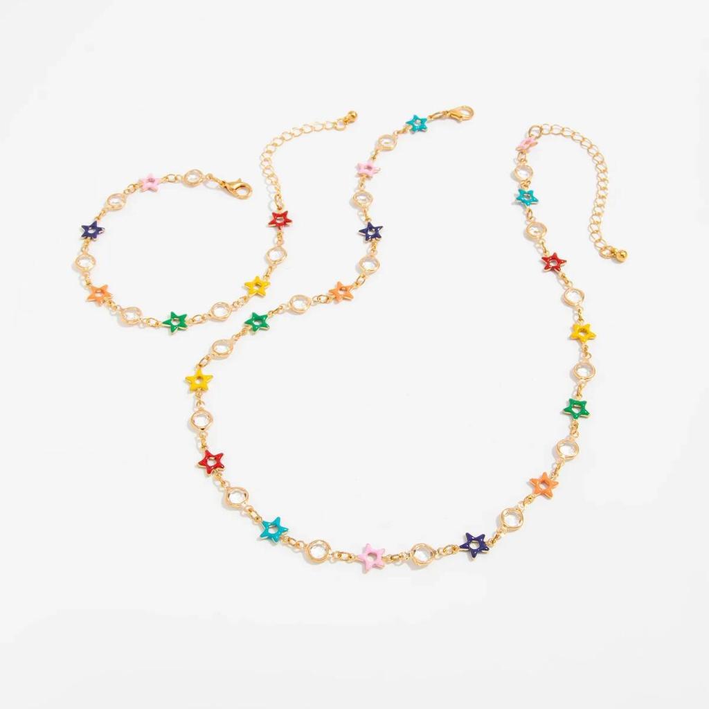 Salircon Elegent Colorful Imitation Crystal Necklace Bracelets Men Trendy Charm Oil Drop Hollow Star Clavicle Choker Y2K Jewelry