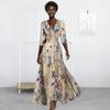 Women Maxi Dress V-Neck Half Sleeve High Waist Long Dress Floral Print Large Hem A-Line Dress Party Daily Wear