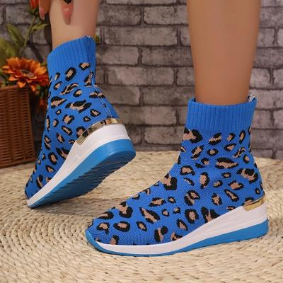 Mode Stiefeletten Damen Leopard Atmungsaktiv Keil Plateau Damenschuhe Mode Damenstiefel Hohe Absätze Sockenstiefel Strick Stretch
