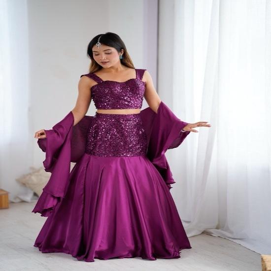Plum Sequin Glamour Ruffle Lehenga Choli FREE SIZE