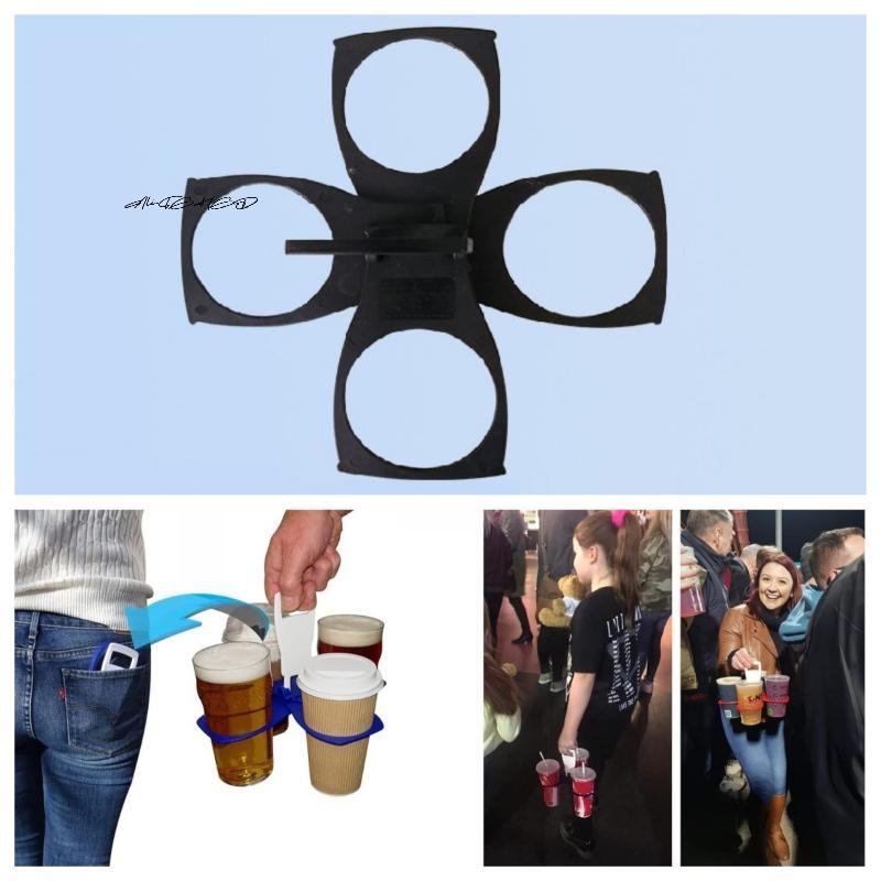 Portable 4-Cup Foldable Carousel Holder Coffee Cup Handle Anti-Scalding Drinking Bottle Bracket for Camping Party Bar Home