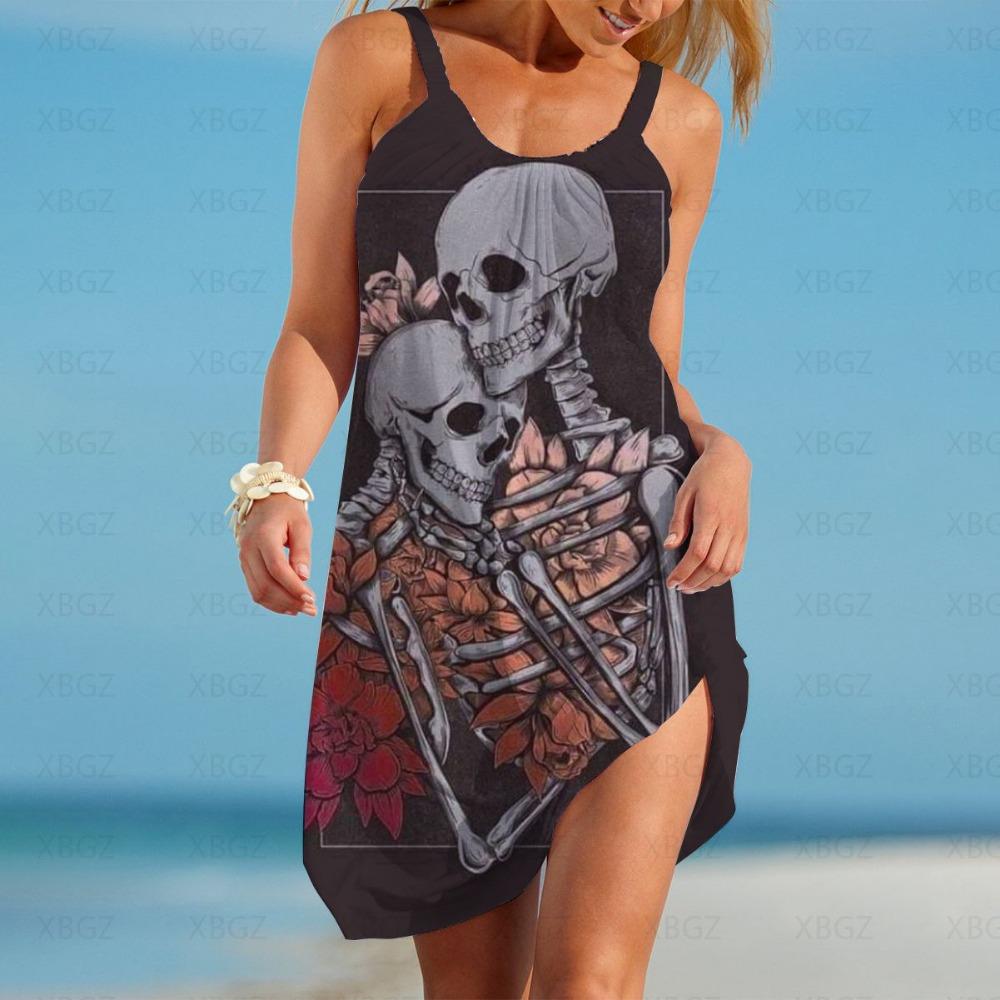3D Digital Print Party Dress Boho Sexy Woman Summer Skeleton Flower Beach Slip Dress