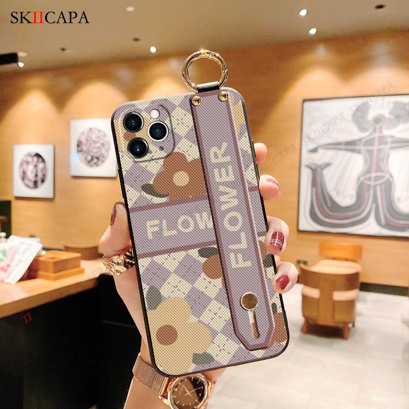 Wrist Strap Stand Case For Oppo Reno 10 pro + Vintage Flower Holder Soft TPU Silicone Shockproof Cover For Oppo reno 9 8 7 SE 6Z