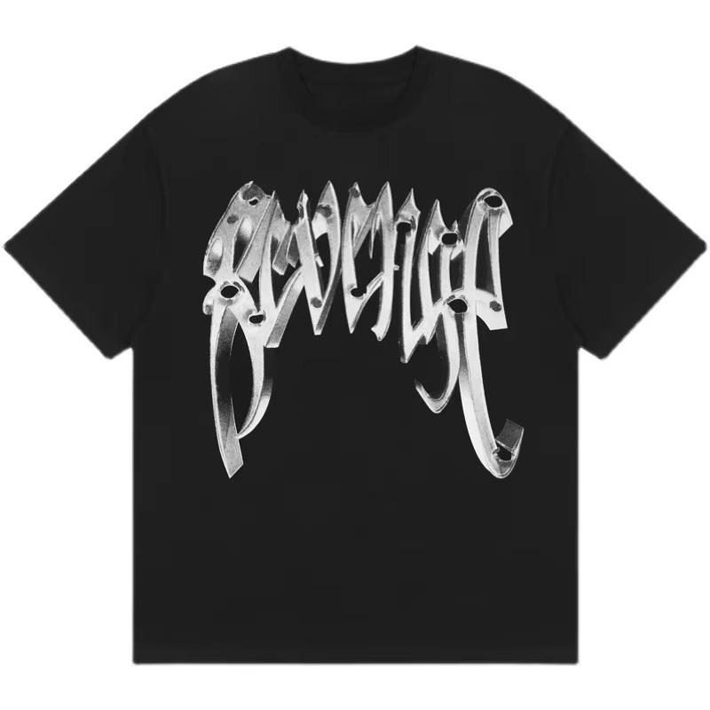 

Gothic Font T-Shirt 2D Metal Effect Graphic Tee, Black Streetwear Bold Letter Print Tops for Men Women Casual men clothing S