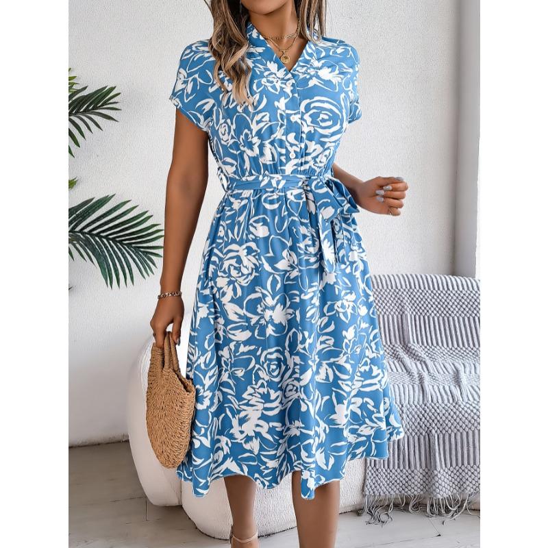 Summer V-neck Short Sleeve Floral Printed Women Dress Casual Fashion Elegant Simple A-line Party Dresses Lace-up Female Women's Clothing