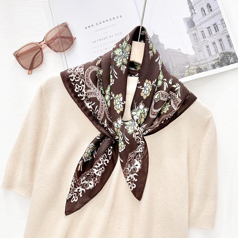 Retro literature and art niche Japanese and Korean flower printing square scarf 68 herringbone pattern women's professional wear elegant temperament 
