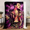 Vibrant stylized figure in a leather jacket against a cosmic purple backdrop. for all seasons blanket lunch break throw gift