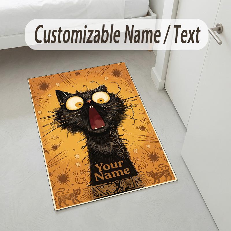 Black Cat Music Theme Soft Crystal Velvet Rug Custom Name & Text Print Non Slip Floor Rug for Bedroom Living Room