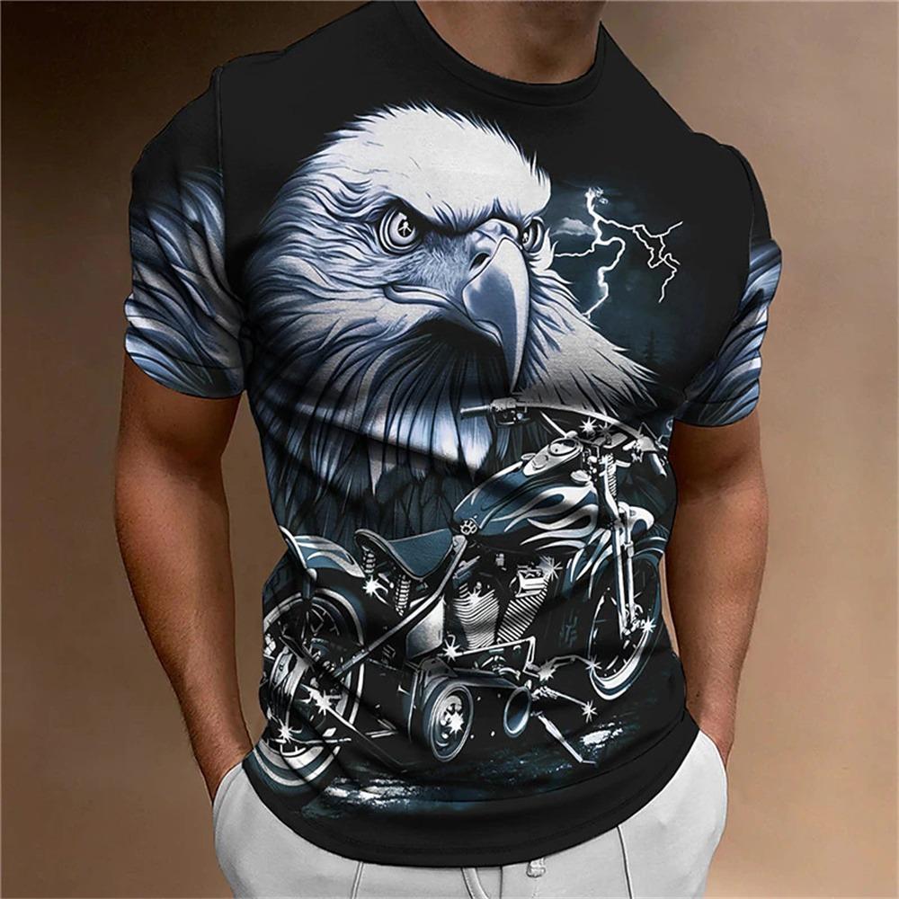 Men's Animal Pattern T-Shirt, Eagle, Motorcycle, 3D Print, Vintage Trendy Loose Large Size Casual Street Short Sleeve Top