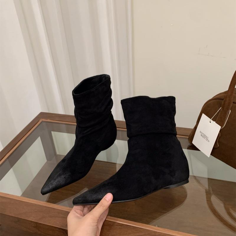 

Замшевые ботильоны на скрытой платформе с острым носком, короткие ботинки, женские ботинки 2025 весна/осень, ковбойские коричневые ботинки с ворсом Майяр 40 чёрный