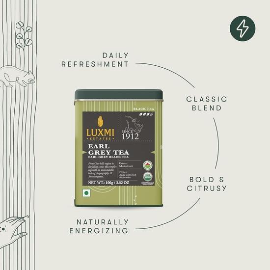 LUXMI Estates Garo Hills Organic Earl Grey Black Tea Tin Pack | Usda Organic - Earl Grey Tea | 100% Natural Bergamot Extracts | 50 Cups