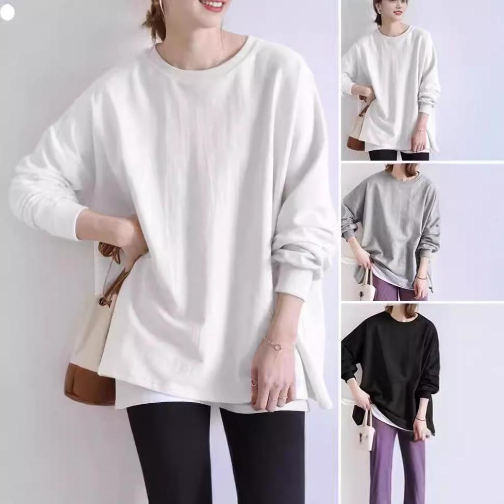 Women's Round Neck Long Sleeve T-shirt Oversized Fit Solid Casual Loose Basic Long Top