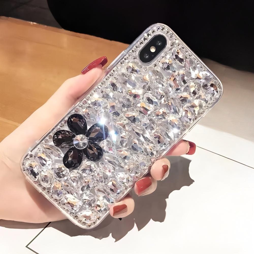 Glitter Rhinestone Flower Phone Case For iPhone 17 16 15 14 13 12 11 Pro Max Air mini 16e 8 7 Plus X XS XR SE, Sparkling Crystal Diamond Cover