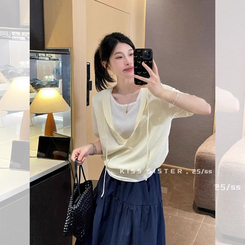 Frühlings- und Sommerstil Kapuzenpullover Fake Zweiteiler Eisseide Strick Kurzarm-Top