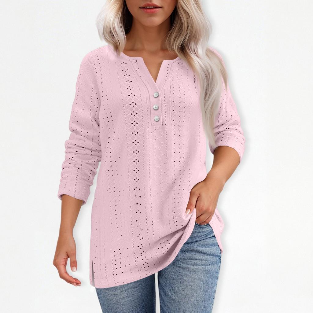 T-skjorte for kvinner T-skjorte med knapp 3/4 ermer Daglig helgmote Basic V-hals vanlig topp