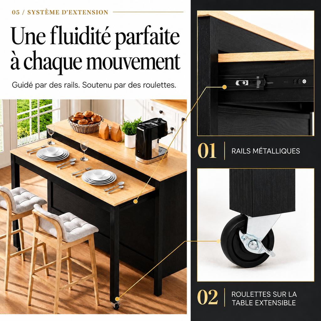 Kitchen Island with Pull-Out Dining Table, Cabinet with Countertop in Light Wood Look, Two Divided Drawers, Doors and Open Storage Compartments, Black