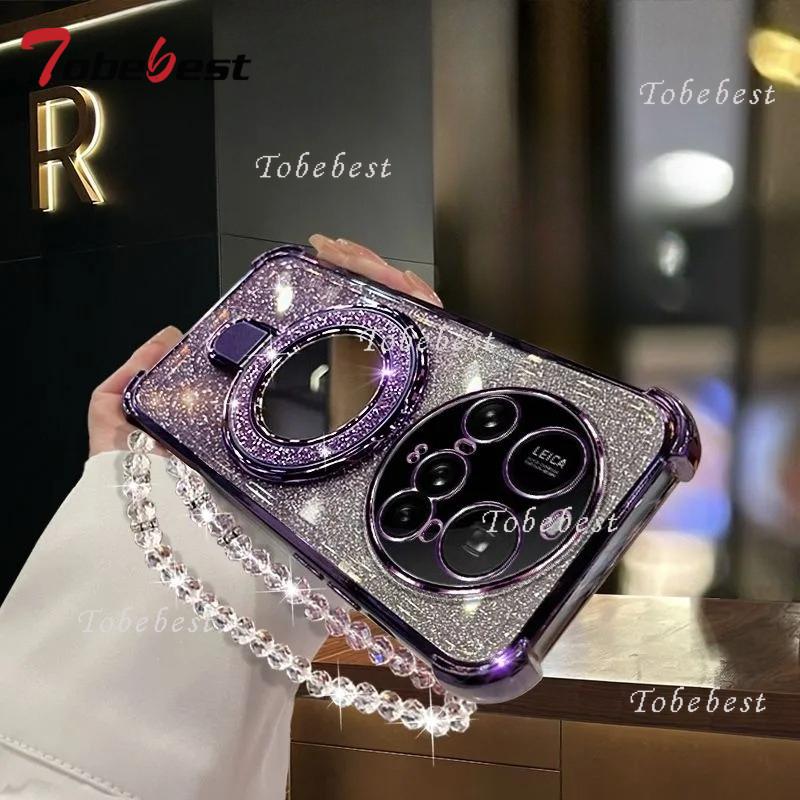 For Xiaomi 15 Ultra 14 14T 13 12 Pro Case Glitter Plating Mirror Magnetic Phone Holder Bracelet Cover