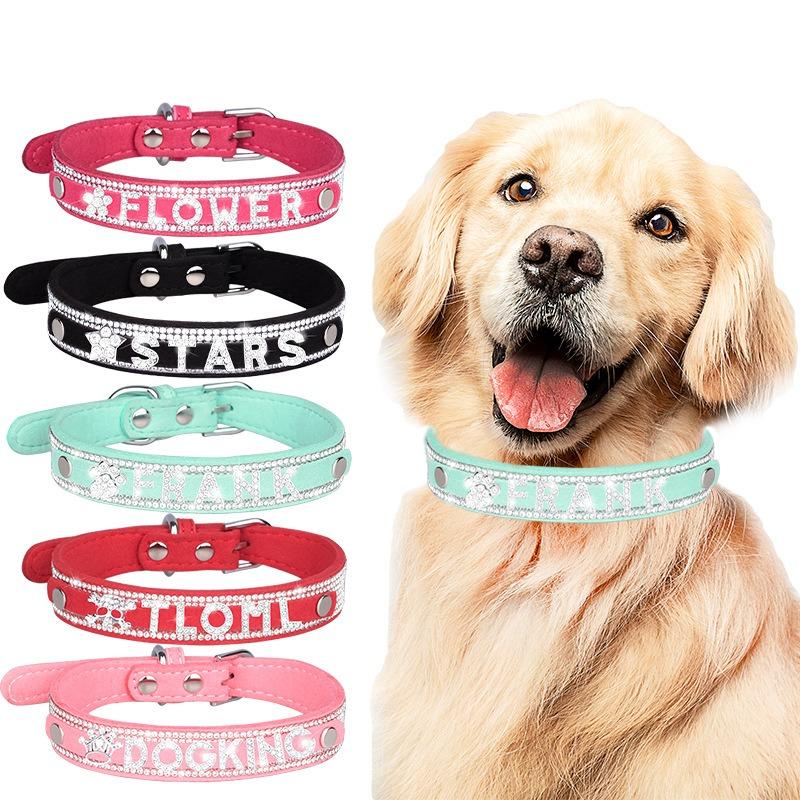 Pet Collar Rhinestone Dog Collar Lettering Nameplate Dog Neck Ring Anti-loss Removable Flower Cat Scarf