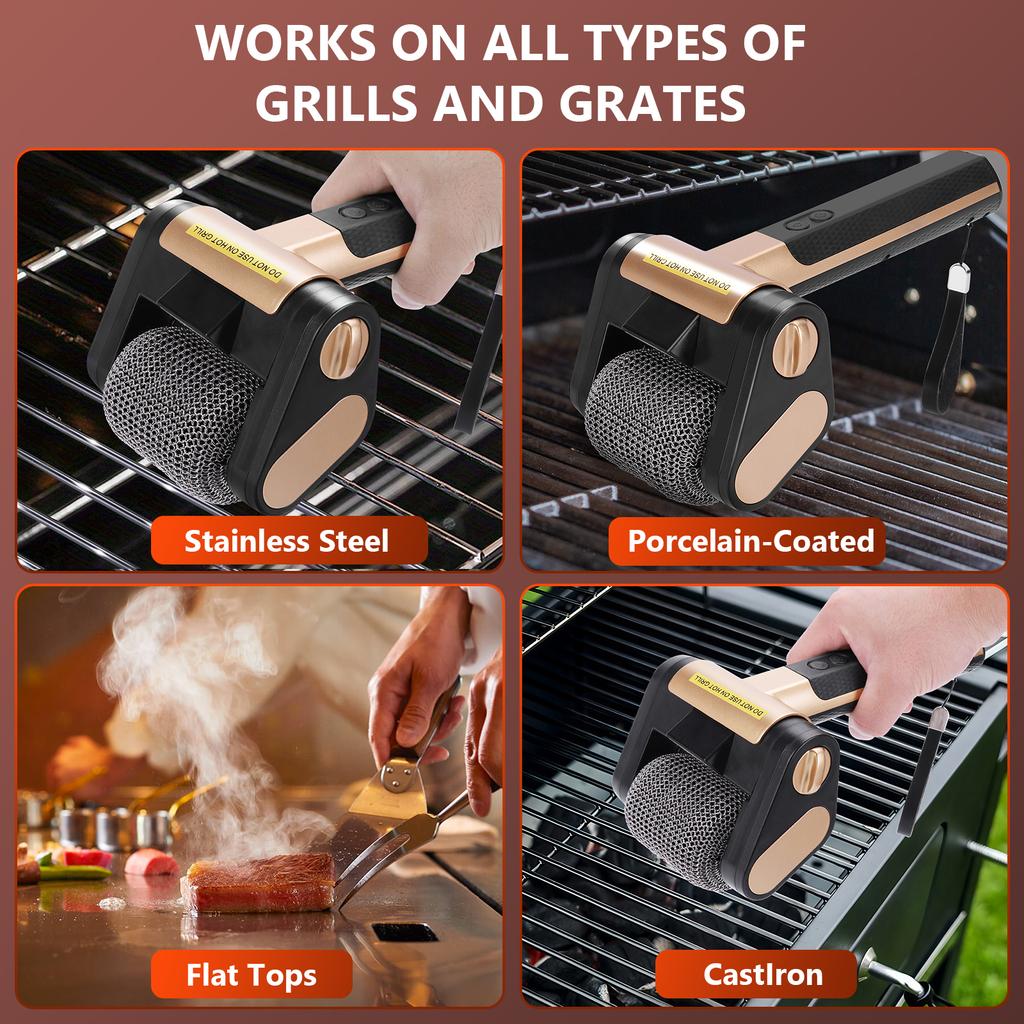 Electric Grill Cleaner Rechargeable Cordless Grill Cleaning Scrub Brush Stainless Steel Roller Grill Cleaning Tools For Outdoor