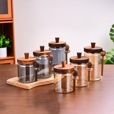 צנצנת אחסון תה פולי קפה אמבר יצירתית עם כפית, צנצנת אטומה, זכוכית בורוסיליקט גבוהה, בקבוק אטום, מכסה עץ, מיכל מזון