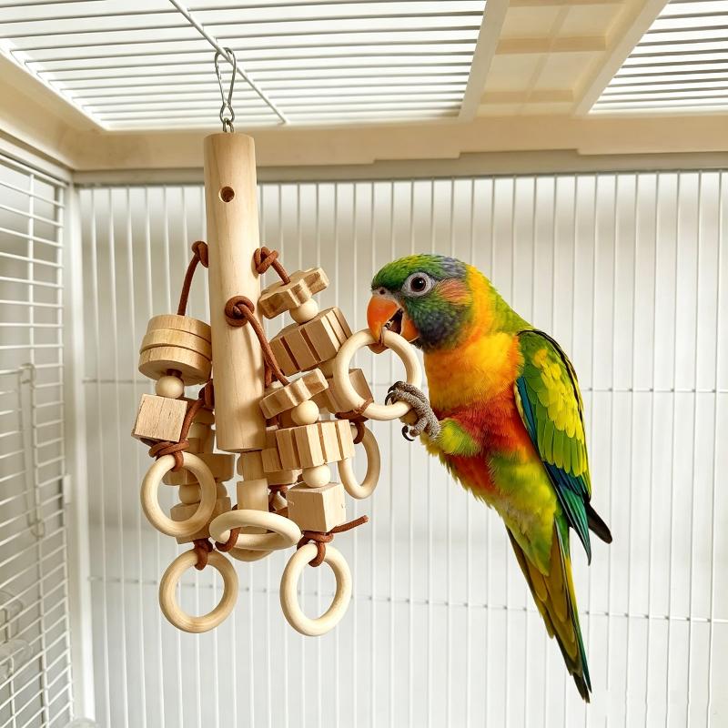 Hanging Parrot Chew Toy 1Pcs Natural Wood Blocks Bird Bite Toy with Wooden Rings for Parakeets Cockatiels Anti-boredom