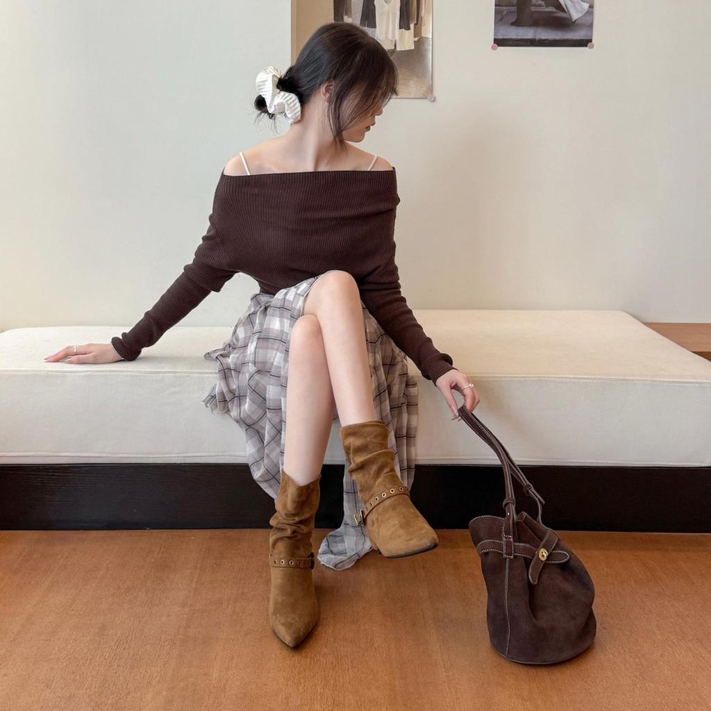 Retro Thick Heel Two Wear Pointed Knight Boots Women's 2025 Autumn and Winter New Suede Belt Buckle Versatile and Thin Boots