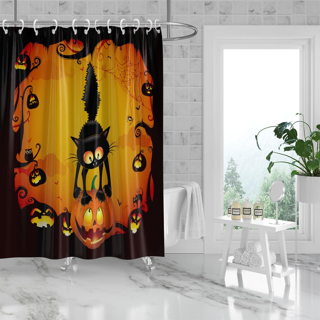 1 Piece 180x180cm Orange Pumpkin Black Cat Print Halloween Shower Curtain Partition Bathroom Waterproof and Mildew Proof