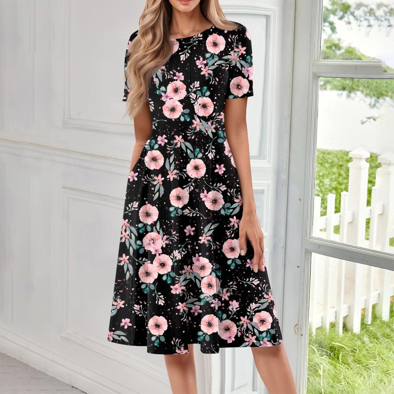 

Женское повседневное модное платье миди с круглым вырезом и коротким рукавом с принтом L