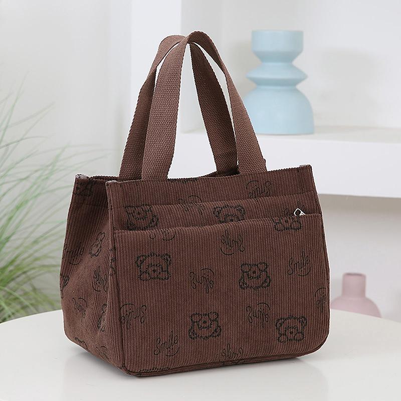 Cute Cartoon Printed Corduroy Versatile Handbag Office Worker Lunch Bento Tote Bag