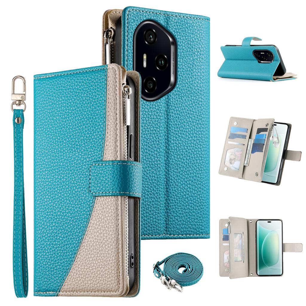 For Honor 300 Pro Case Zipper Wallet Color Splicing Leather Flip Phone Cover with Straps