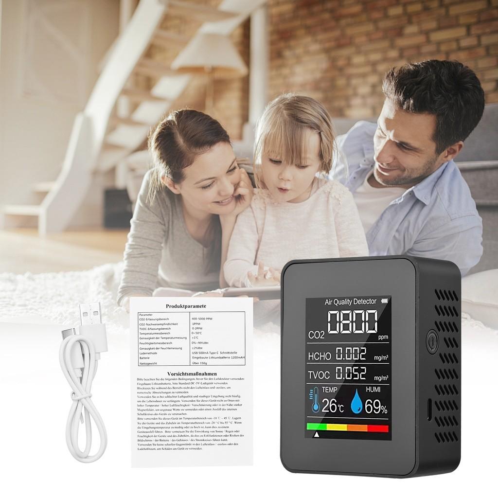 LCD Digital Color Screen CO2 Detector 5 in 1 Formaldehyde TVOC Tester Portable Multifunction Indoor Air Quality Monitor